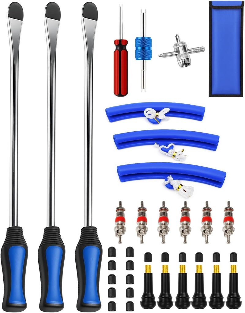 Dromco Tire Spoons, 32Pcs Tire Changing Tool with Rim Protectors, Valve Tool, Valve Cores, Valve Stems, Valve Caps, Storage Bag, 15" Tire Spoon Kit for Motorcycle Dirt Bike Lawn Mower Tractor Bicycle - Image 1